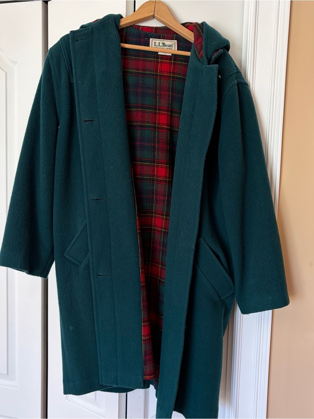 Vintage L.L. Bean Teal Wool Pea Coat with Red Tartan Lining